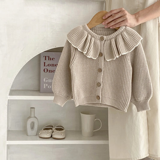 Soft 100% Cotton Ruffle Collar Knitted Button Cardigan