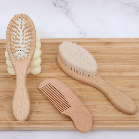 Natural Wooden & Wool Hairbrush Set