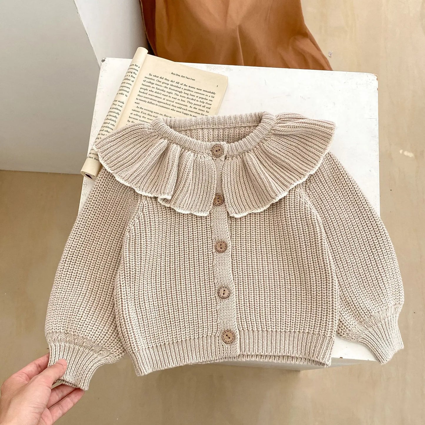 Soft 100% Cotton Ruffle Collar Knitted Button Cardigan