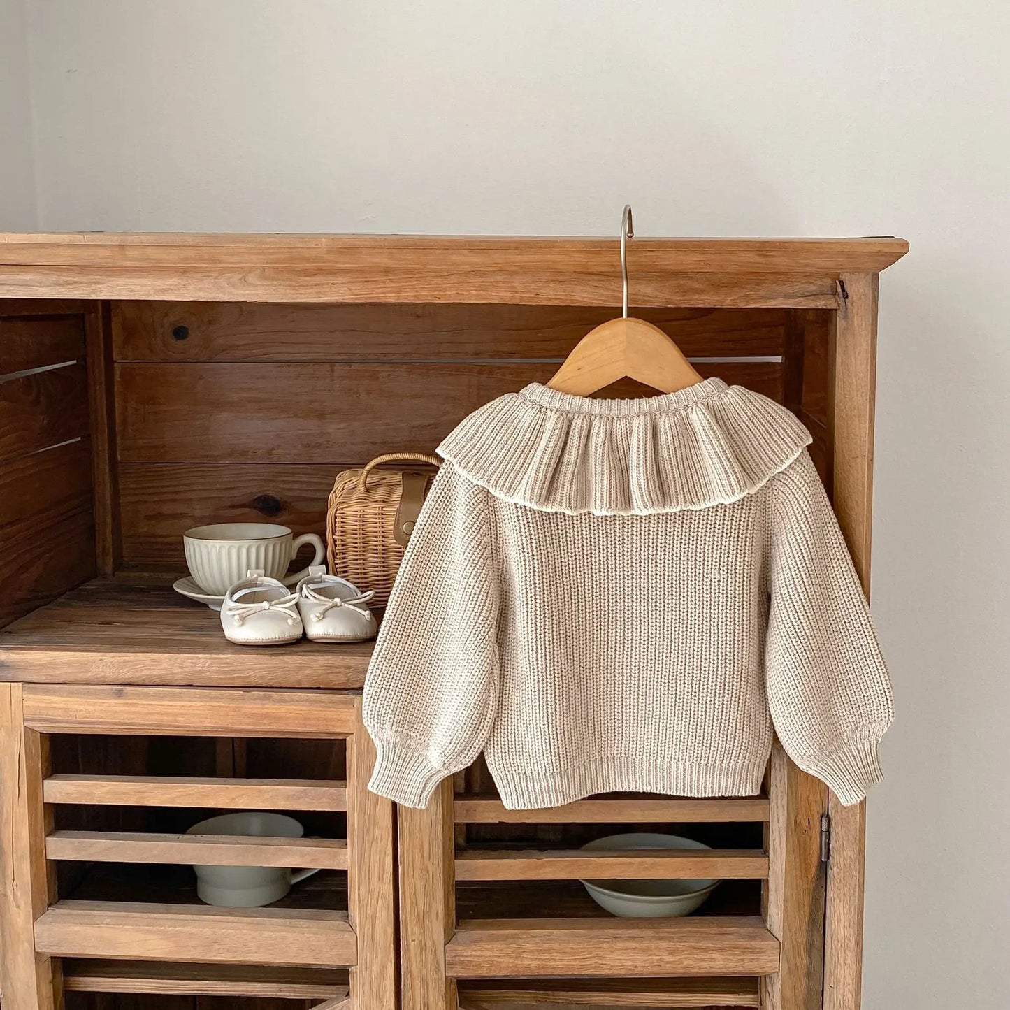 Soft 100% Cotton Ruffle Collar Knitted Button Cardigan