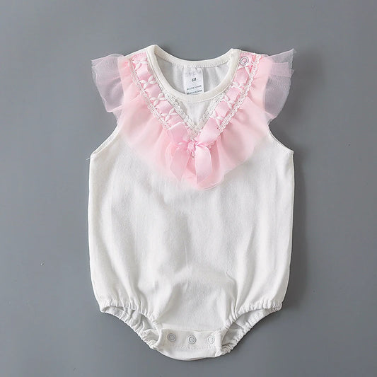 Summer Lace Bow Newborn Baby Girls Bodysuits White Cotton  Jumpsuit Onesie Clothes