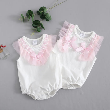 Summer Lace Bow Newborn Baby Girls Bodysuits White Cotton  Jumpsuit Onesie Clothes