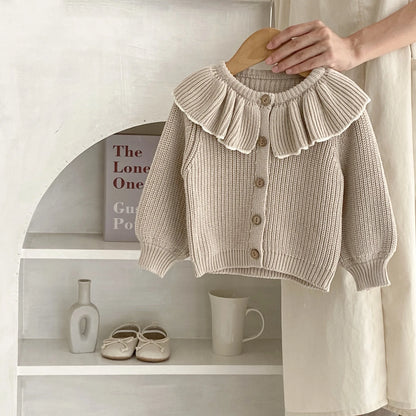 Soft 100% Cotton Ruffle Collar Knitted Button Cardigan
