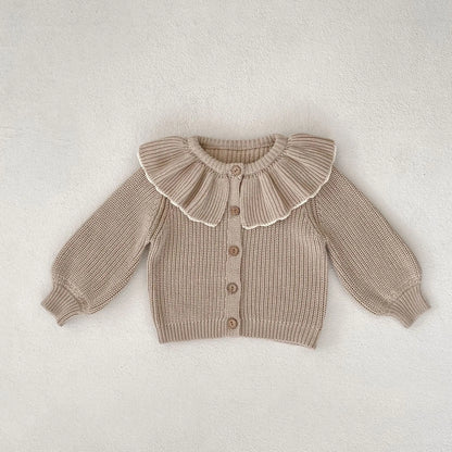 Soft 100% Cotton Ruffle Collar Knitted Button Cardigan