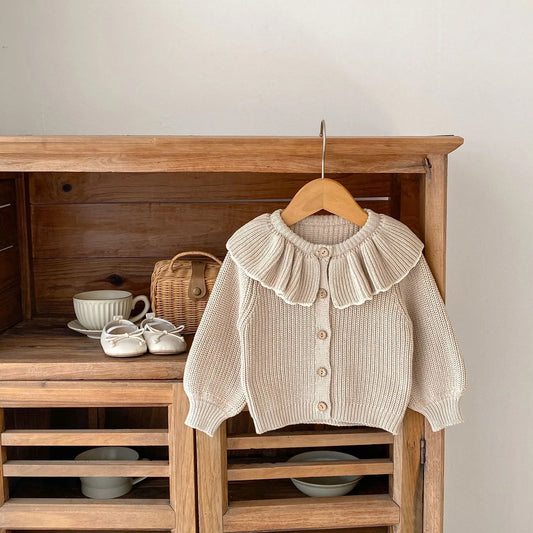 Soft 100% Cotton Ruffle Collar Knitted Button Cardigan