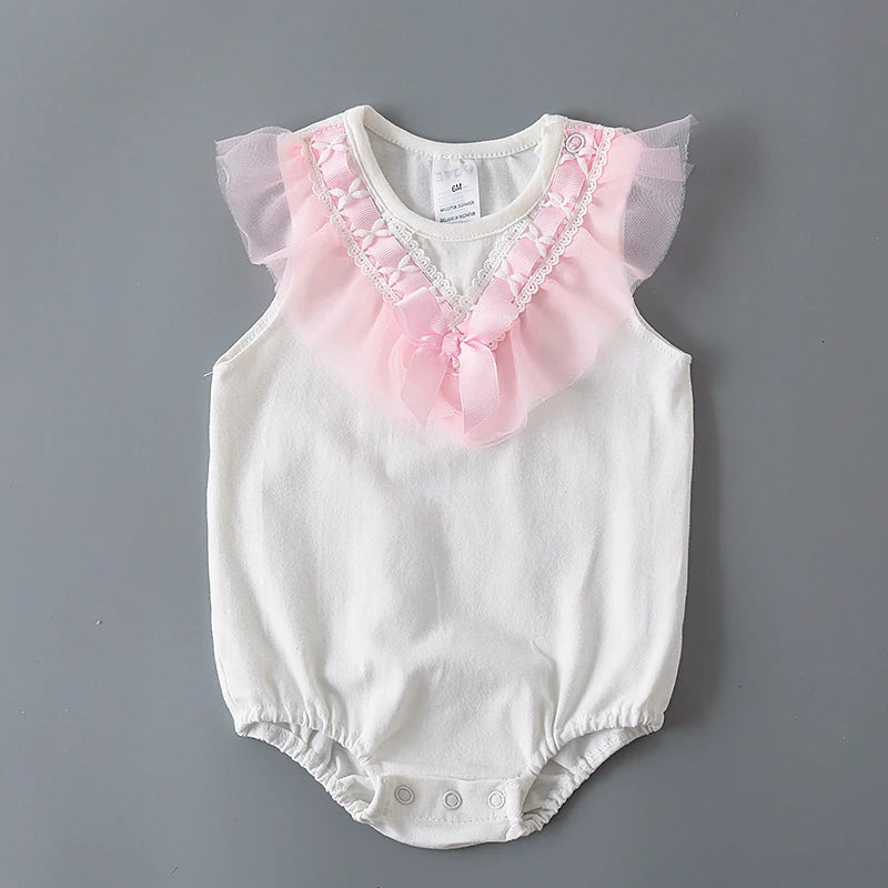 Summer Lace Bow Newborn Baby Girls Bodysuits White Cotton  Jumpsuit Onesie Clothes