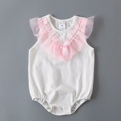 Summer Lace Bow Newborn Baby Girls Bodysuits White Cotton  Jumpsuit Onesie Clothes